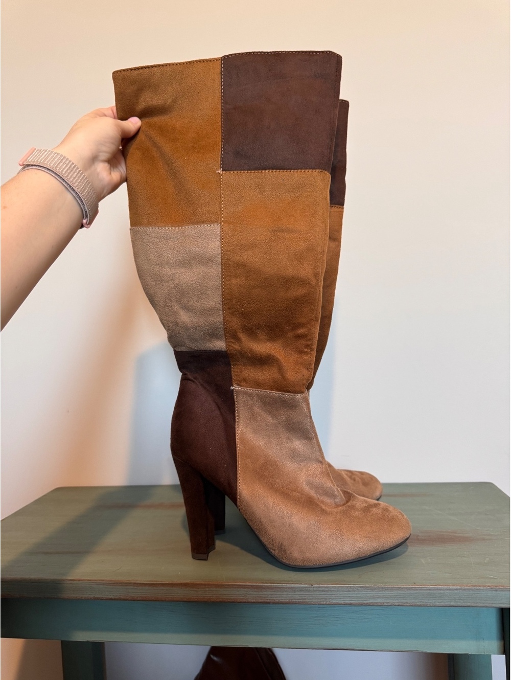 Y2K Patchwork Suede Brown Size 10 Knee High Catos Boots